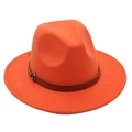 Detail of bright orange wool fedora featuring a dark brown leather belt and metal buckle - Orange
