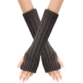 Close-up of dark grey cable knit long fingerless gloves showing warm textured arm sleeves - One Size / Dark Gray