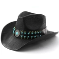Chapeau de cowboy en paille noire avec bande de perles turquoise et bord roulé pour le soleil - M(56-58cm) / Noir