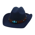 Klassieke marineblauwe cowboyhoed met lederen band en decoratieve turkooizen stenen - Eén maat / Marineblauw