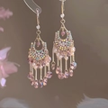 Detail of pink crystal tassel earrings with pearls and gold chains in macro view - 18# Pink & Gold Crystal Tassel Style (Earring Hook)