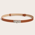 Detail of slim brown leather belt with sparkling rhinestone twist-lock metal buckle - Rhinestone Buckle (Silver) Cross Pattern Adjustable Belt (Khaki)