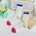 White knit mesh mid-calf socks with blue cuffs and pink toes in a colorful dopamine style - One Size / Multicolor White (Blue Cuff/Pink Toe)
