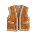 Brown faux suede and beige faux shearling vest with center zip and sleeveless design - S / Chocolate