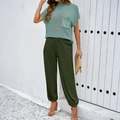 Women's summer two-piece casual set with short sleeve mint knit top and green joggers - S / Green