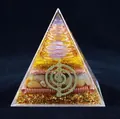 8cm Orgonite Pyramid with amethyst sphere, copper coil, and golden Cho Ku Rei symbol - 8cm