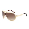 Golden aviator shield sunglasses with brown gradient lenses and premium metal frame - Gold Frame/Brown Lens