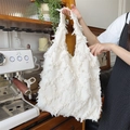 Bohemian cremeweiße Fransen-Canvas-Einkaufstasche mit strukturiertem Rautenmuster - Schultertasche Tote / Cremeweiß