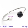 Elegant silver stainless steel open bangle with white shell pearl and black square gemstone - Silver Black Gemstone Style (KB123010-K)