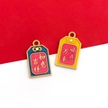 Chinese style lion dance pendants with Lucky Wishes characters in gold sand finish - 1pc Double-Sided Auspicious Fortune Charm-11x19mm