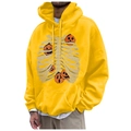 Yellow fleece hoodie with Halloween ribcage and pumpkin print for men and women - S / Tops / Yellow