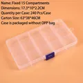 Detailed view of a 15-grid transparent plastic organizer box with blue safety buckles - Fixed 15-Compartment (17.5x10x2.2cm)