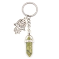 Hamsa Hand keychain with green crystal hexagonal pillar pendant and silver-tone finish - Unakite