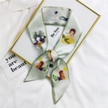 French style long silk scarf hair tie in light green with elegant floral illustration - 7*100cm / Whale Girl Green