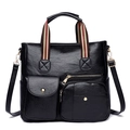 Borsa tote classica in pelle nera testurizzata con manici a righe e tracolla - Nero (Ispessito/con Cerniera Posteriore)