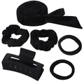 6-piece black hair styling set with velvet headband, scrunchies, and matte hair claw clip - Black Bow 5-Piece Set