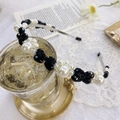 Elegant thin silver headband with alternating black and white pearls and crystal beads - Black Crystal