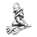 Antique silver alloy witch on broomstick charm pendant for Halloween DIY jewelry making - 1pc Wizard 14x18mm (Antique Silver)