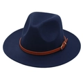 Navy blue fedora wool hat with brown leather belt buckle for men and women - Kids One Size (54cm) / Navy Blue
