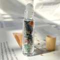 Glass essential oil roller bottle with wooden cap and assorted colorful crystal stones - Moss Agate