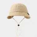 Close-up of children's cotton bucket hat with white Boston embroidery and adjustable chin strap - 50cm (1-3 Years) / Khaki