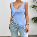 Light blue Y2K sleeveless mesh camisole top with ruffled irregular hem on a model - S / Blue