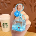 Blue lucky cat liquid sand keychain with acrylic cube and metallic bell charm - Luminous Lucky Cat-Blue