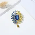 Elegant gold wreath brooch with deep blue oval gemstone and yellow teardrop pendant - Wheat Ear Style 14 (5.5*4.1cm)