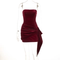 Detail view of red velvet strapless dress featuring ruched texture and elegant side ribbon - S / Burgundy