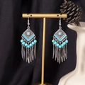 Bohemian silver drop earrings with turquoise beads and long tassels on gold display stand - S4296 Blue Rhombus Seed Bead Tassel Earrings