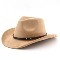 Beige wide brim western cowboy hat with brown faux turquoise leather band - M (56-58cm) / Camel