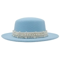 Sky blue wool felt boater hat for women featuring delicate white pearl embellishments - M / Sky Blue (Large Pearl)