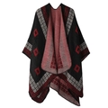 Double-sided reversible knit poncho cape in black with red and grey geometric pattern - Meander Pattern Black Red
