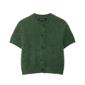 Short sleeve dark green mohair knit cardigan with luxury texture and black buttons - S / Green