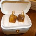 Irregular geometric resin drop earrings in amber brown finish with gold frames - Buckle Square Finish (54#) / Gold Dark Brown
