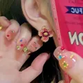 Mini four-leaf clover stud earring with pink gradient gemstones and golden beaded edges - Pink Purple Four-Leaf Flower Earrings Ring Set