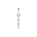 Silver stainless steel belly button ring with four dangling white heart cubic zirconia - XY-17 4-Heart Vertical
