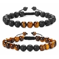 8mm tiger eye and lava stone beaded bracelets set with adjustable woven cords - Yellow Tiger Eye Set