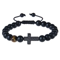 Close-up of matte black beads bracelet with tiger eye stone and cross pendant - Tiger Eye Single Bead Decor (Style-A) / Confirmation Card