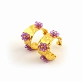 Gold hammered hoop earrings with a decorative purple beaded flower charm for women - Purple