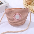 Pink woven straw crossbody bag for girls with a small daisy embroidery detail - 11*14*6 / Shell Bag Pink Daisy / Pink