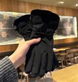 Women's black thermal winter gloves with fleece lining and cute bow ear design - One Size / Black Bow