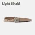 Cintura sottile da donna in vera pelle kaki chiaro con fibbia quadrata di strass brillanti - Cachi Chiaro