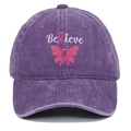 Detailed embroidery of pink ribbon butterfly and Believe text on purple cotton baseball cap - Adjustable / Purple