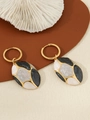 Golden teardrop earrings featuring monochrome marbled enamel inlay and geometric oval design - Black White Grey Oval