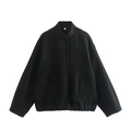 Women's black loose-fit stand collar jacket in soft fleece with elastic hem, size S - S / Black