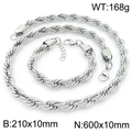 Conjunto de cadena de cuerda 10mm de acero inoxidable con collar de 600mm y pulsera 210mm - Pulsera / Color Acero