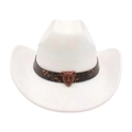 White suede cowboy hat featuring a leopard print band and vintage leopard head buckle - White (Leopard Head Belt)