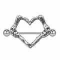 Detail of silver nipple shield with gothic skull hands forming a heart shape - Heart-Shaped Skeleton Hands Nipple Ring - Silver