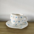 Hand-painted blue tulip grid ceramic coffee cup and saucer set with irregular handmade shape - Small Blue Flower Cup & Saucer